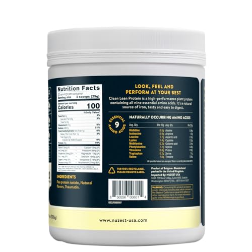 Proteína en polvo de guisante Nuzest vainilla, textura fina para batidos suaves.