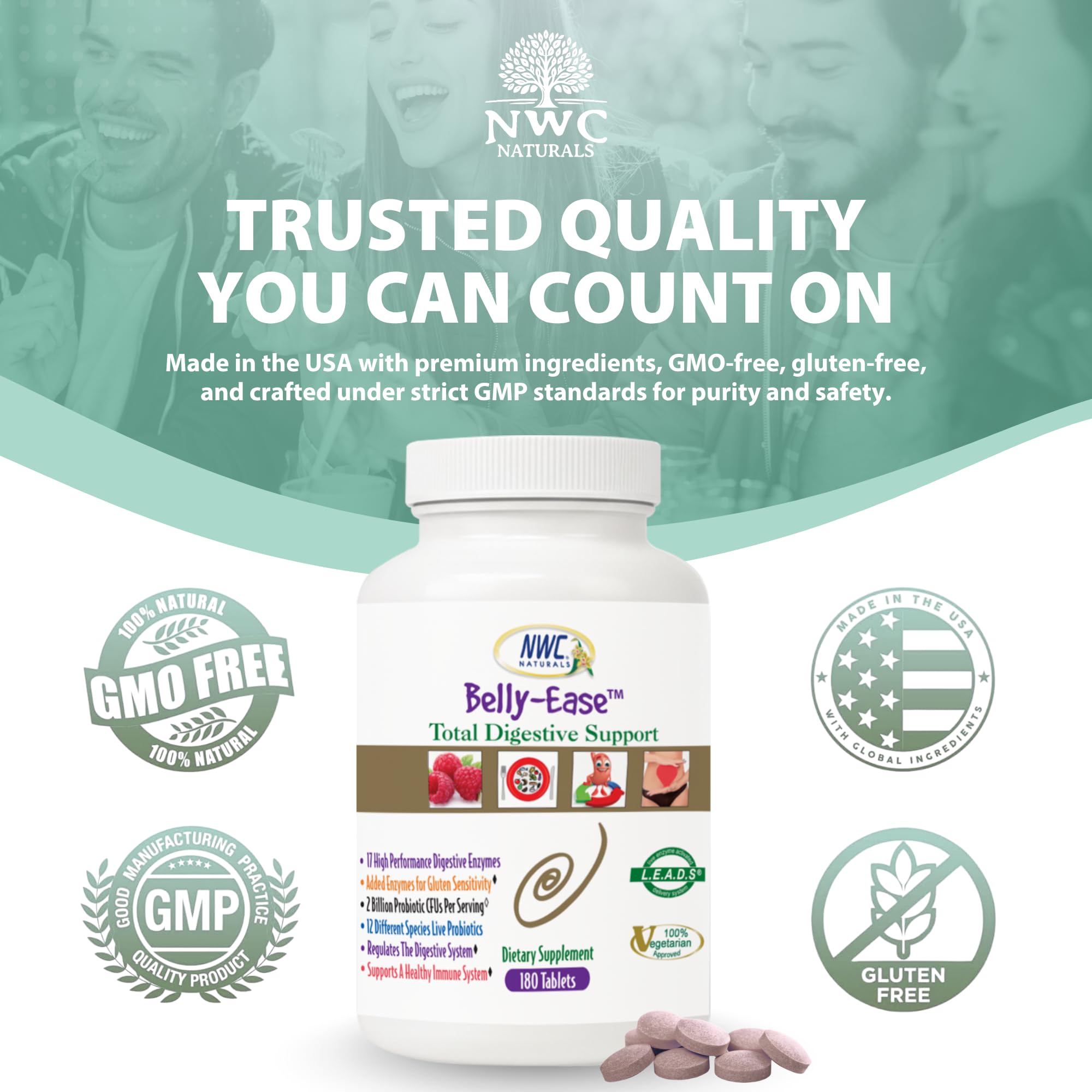 NWC Naturals Belly-Ease complemento de enzimas y probióticos para digestión