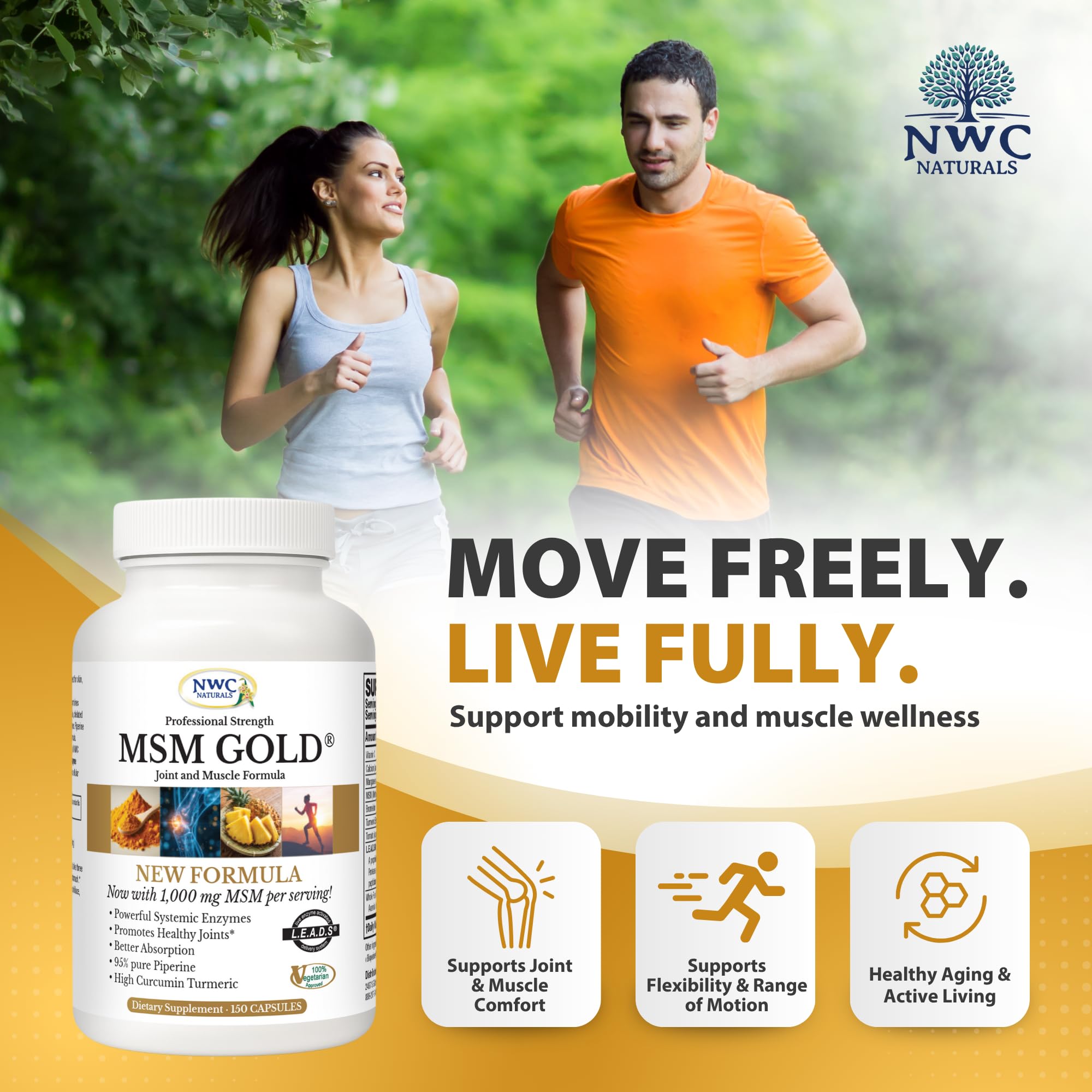 NWC Naturals MSM Gold: etiqueta frontal destacando cúrcuma y BioPerine para absorción