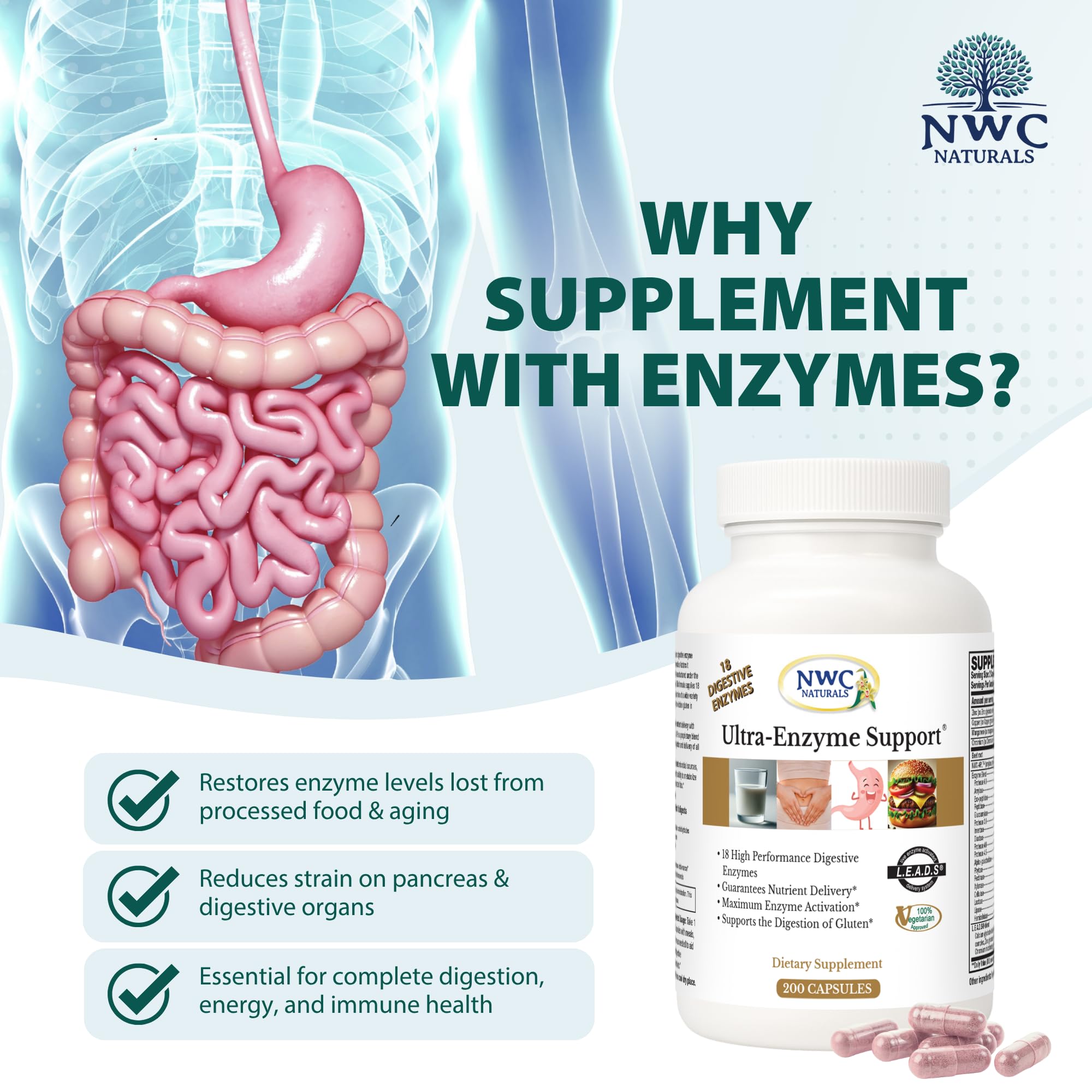 NWC Naturals Ultra-Enzima: etiqueta informativa sobre enzimas y beneficios digestivos