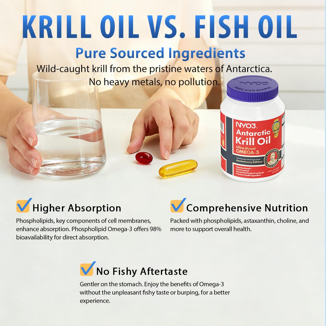 NYO3 Aceite de Krill sin regusto a pescado, experiencia agradable