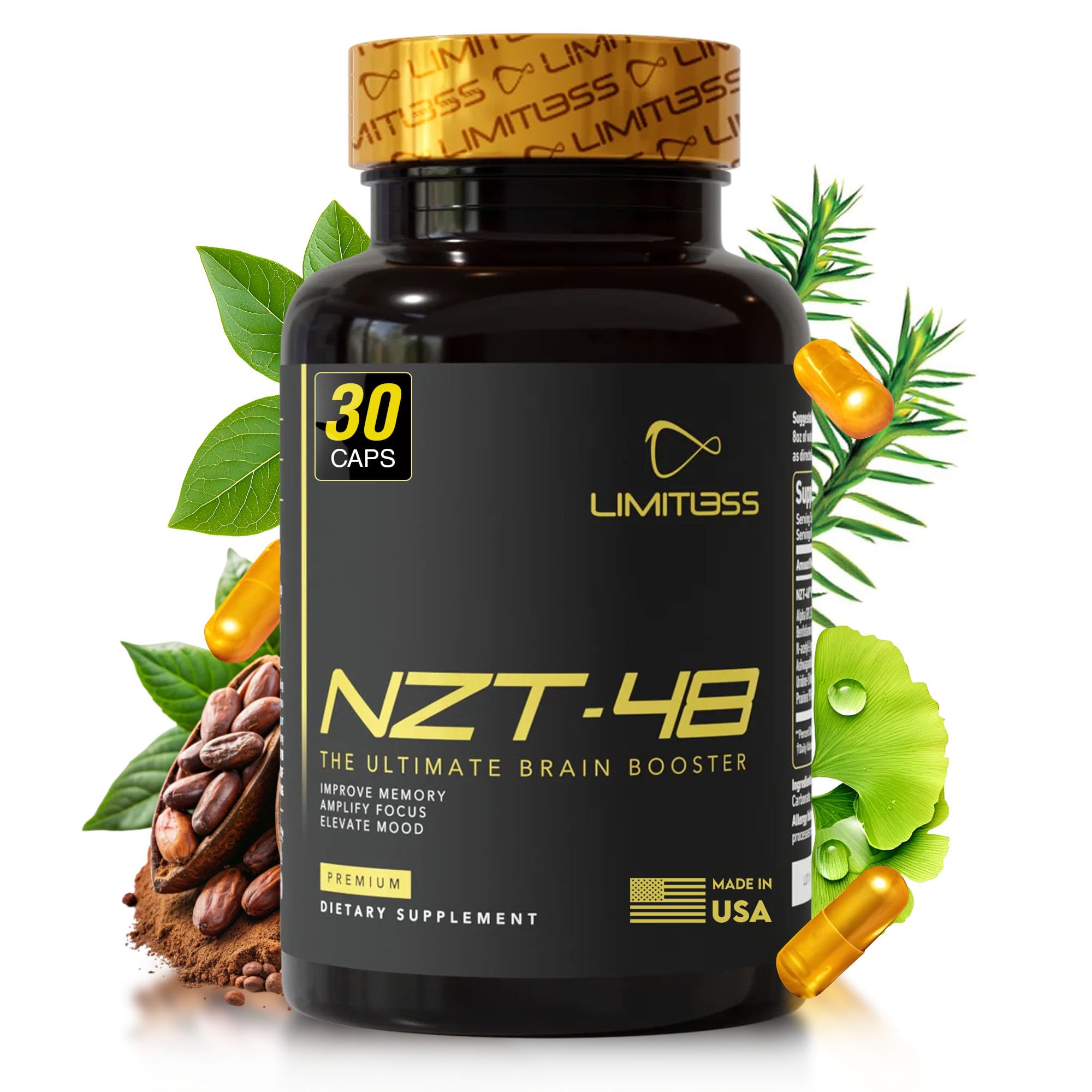 NZT-48: botella frontal que sugiere energía y enfoque para el día.