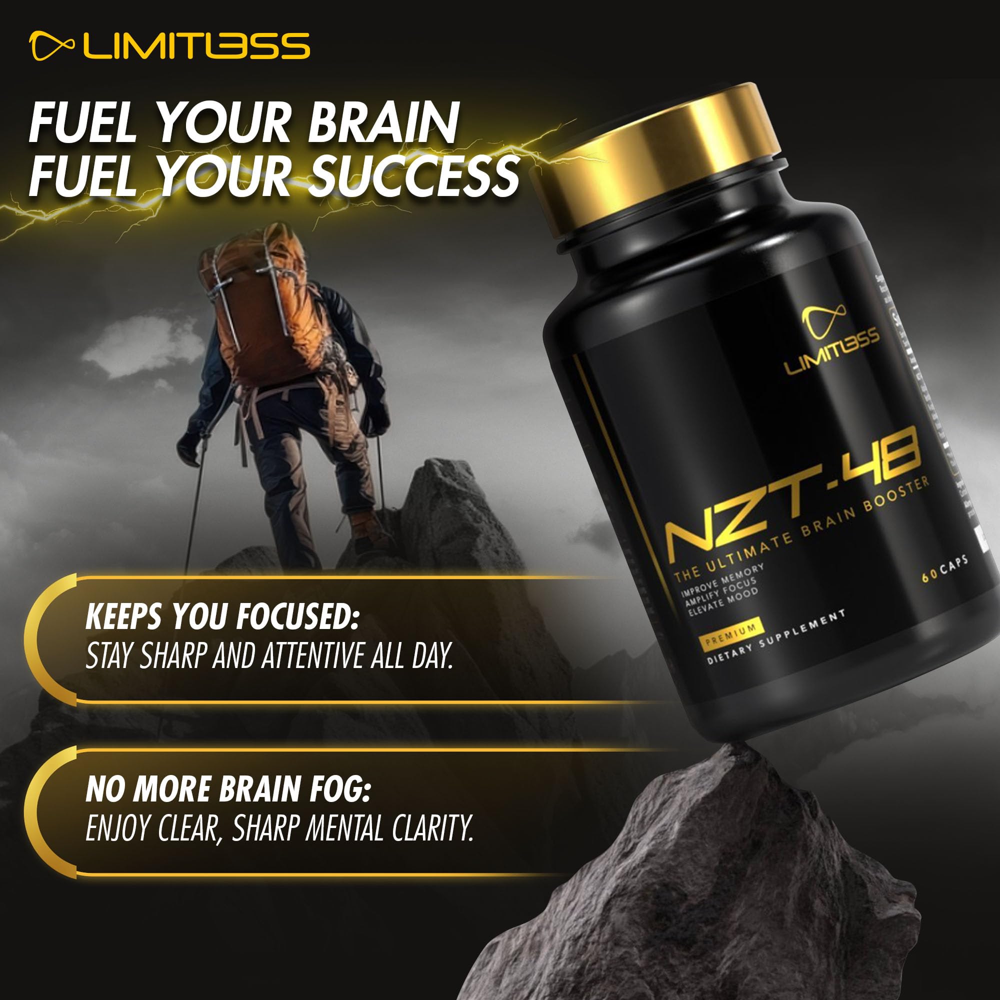NZT-48: envase en escritorio, listo para uso diario de energía mental.