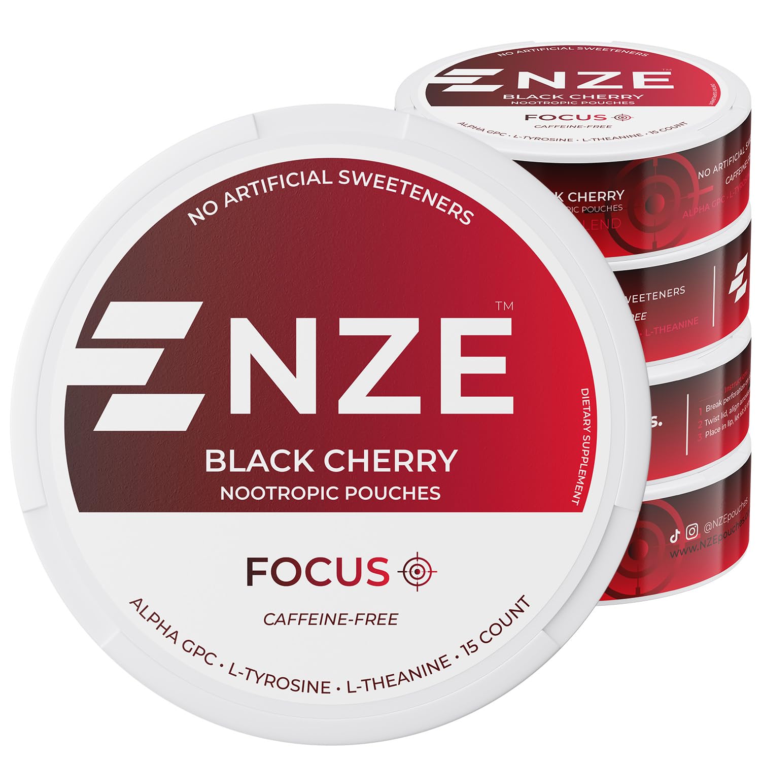NZE bolsa sin cafeína, empaque de cereza negra para enfoque.