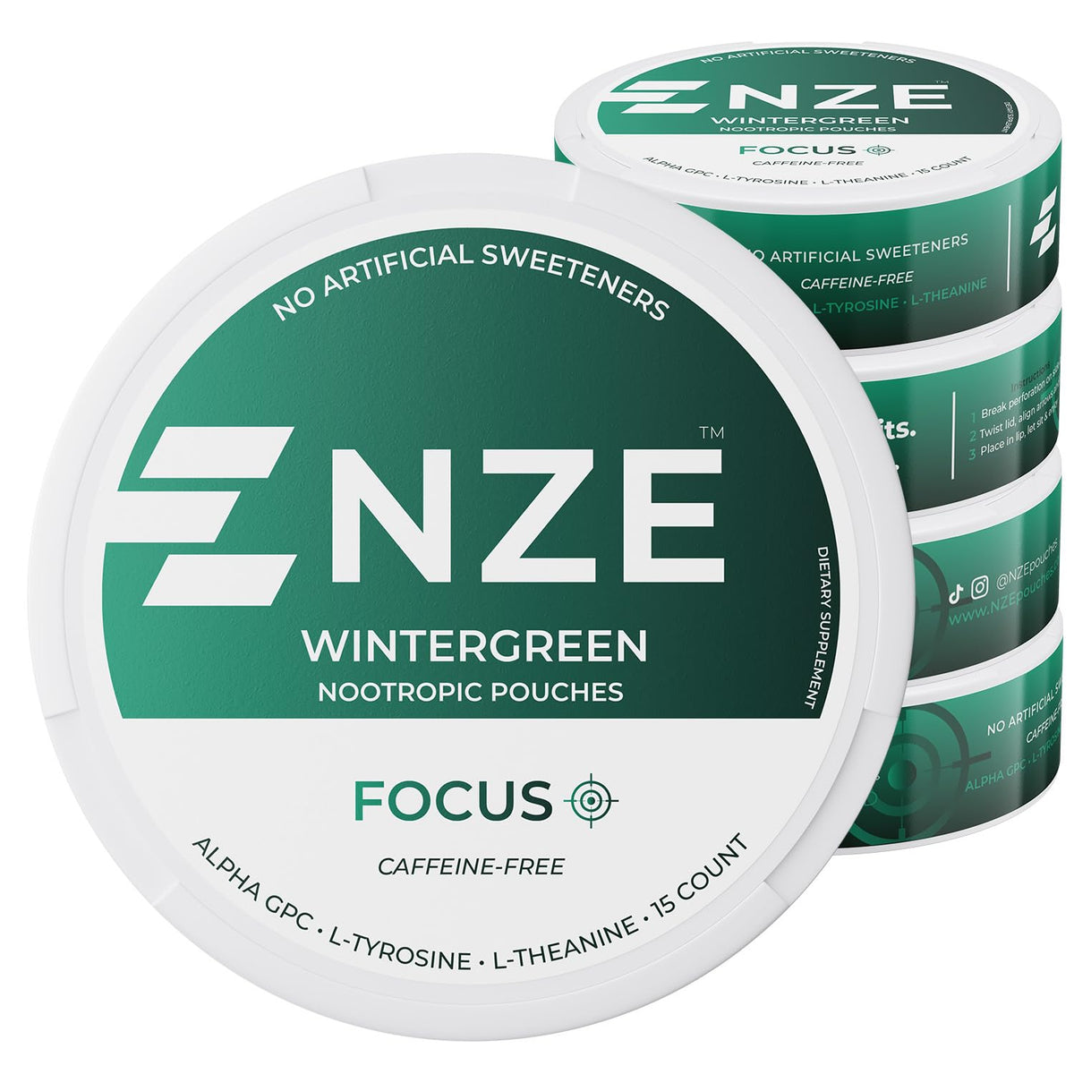 NZE Focus sin cafeína frente al envase, posible impulso de concentración diario