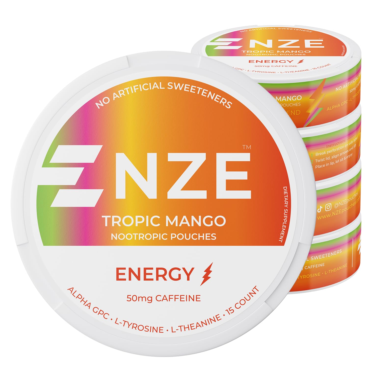 NZE Tropic Mango, lata con bolsitas energéticas sin azúcar para uso diario