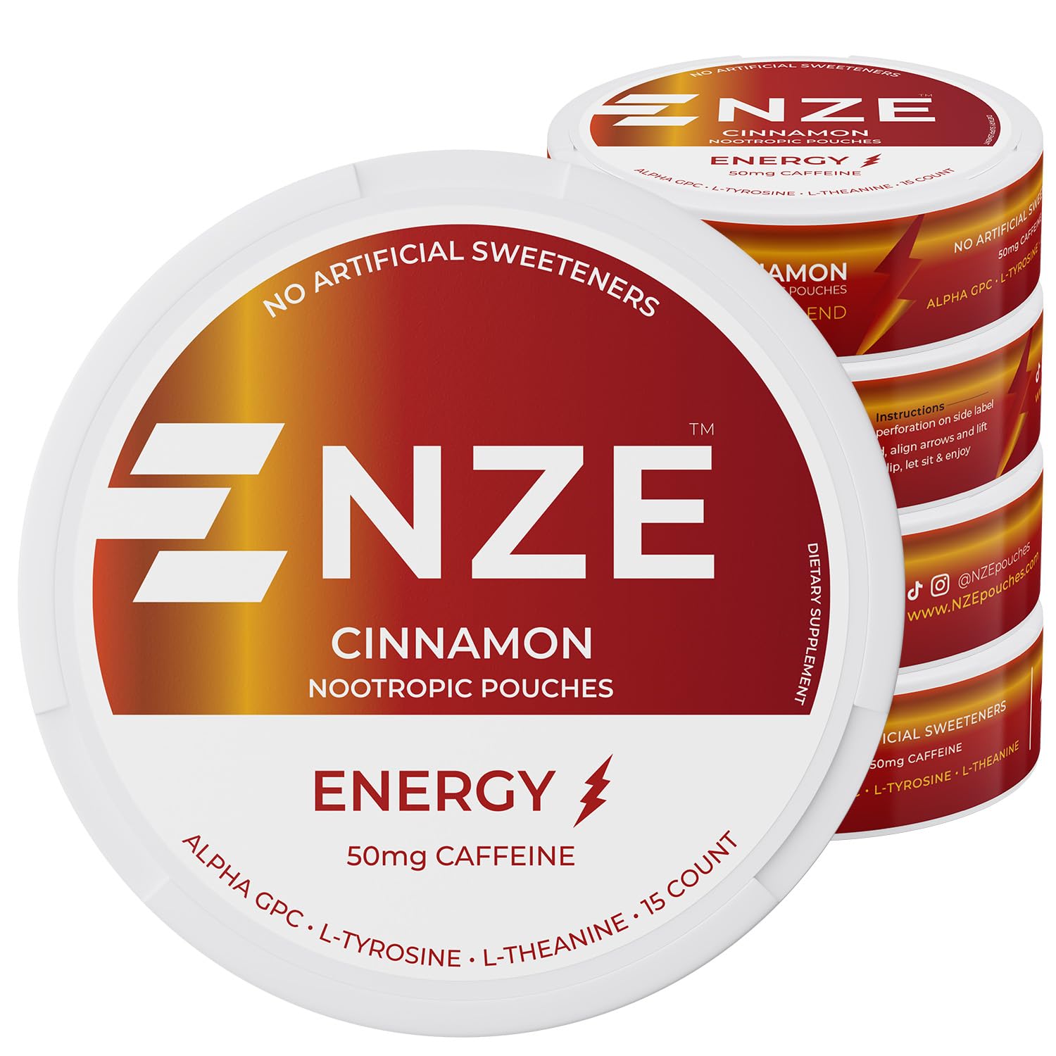 NZE Caféina en bolsas canela dentro de la lata para energía rápida y conveniente