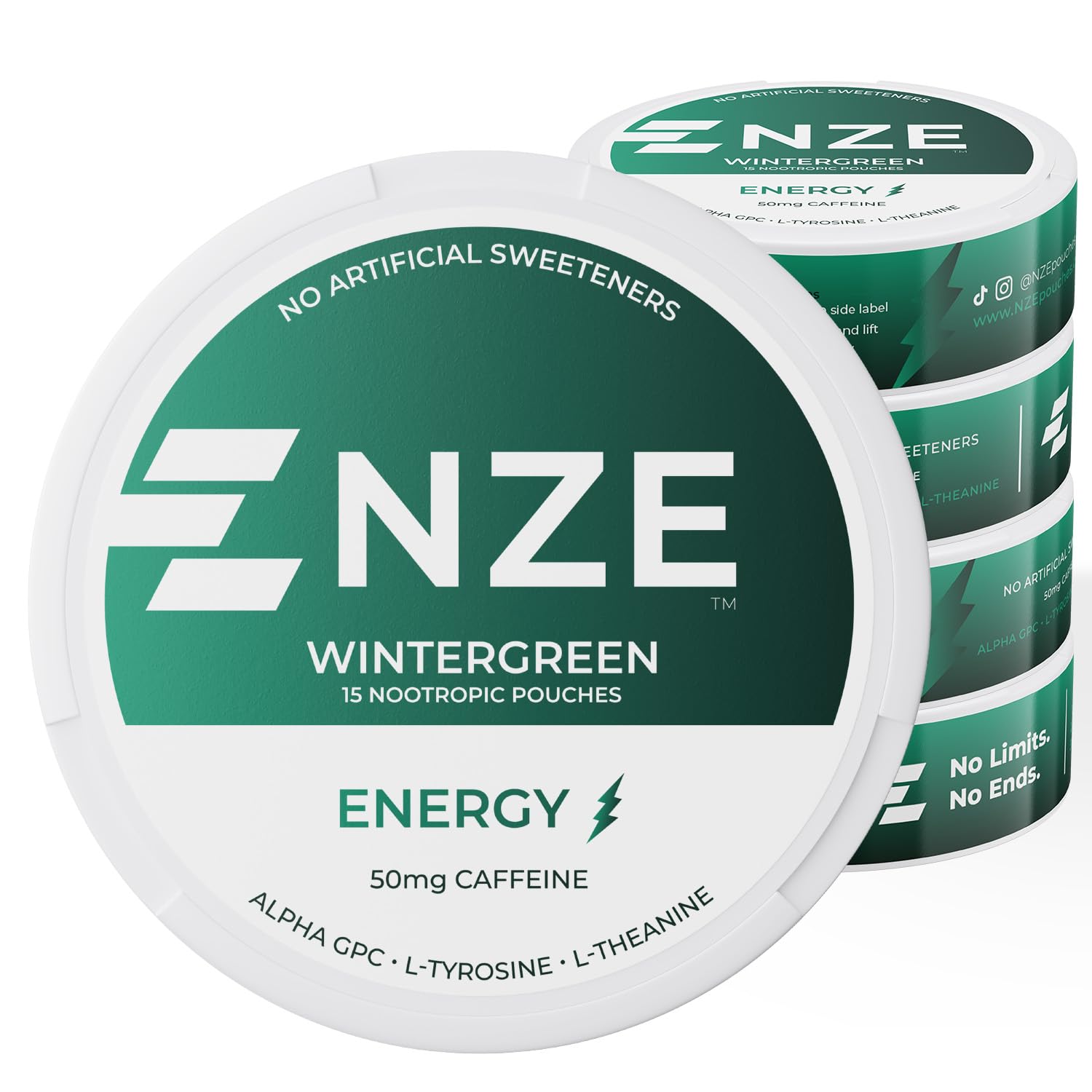 NZE Caféína Nootrópico: bolsitas de menta invernal para impulso de energía rápida.