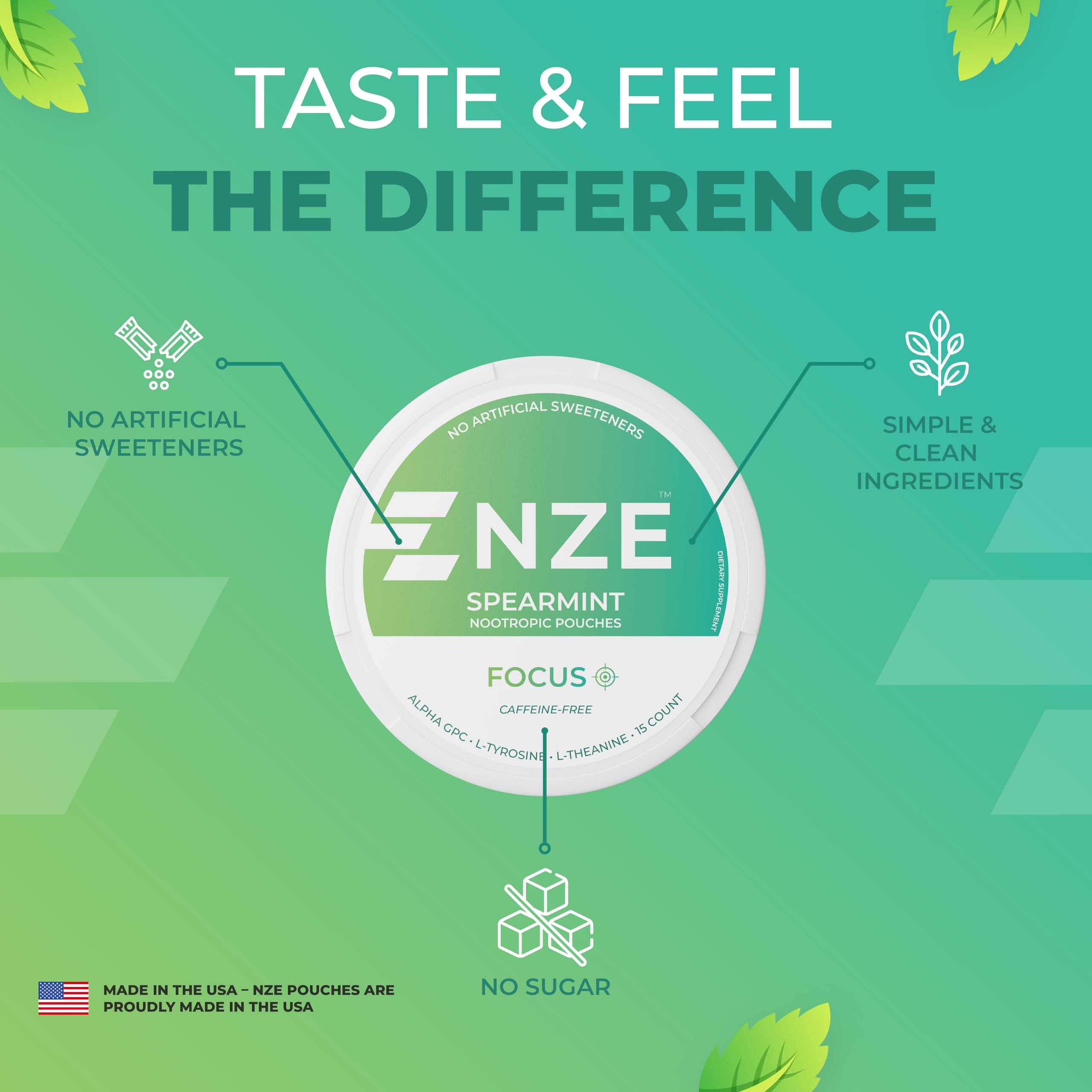 NZE Focus sin azucares, endulzantes naturales, experiencia limpia con menta