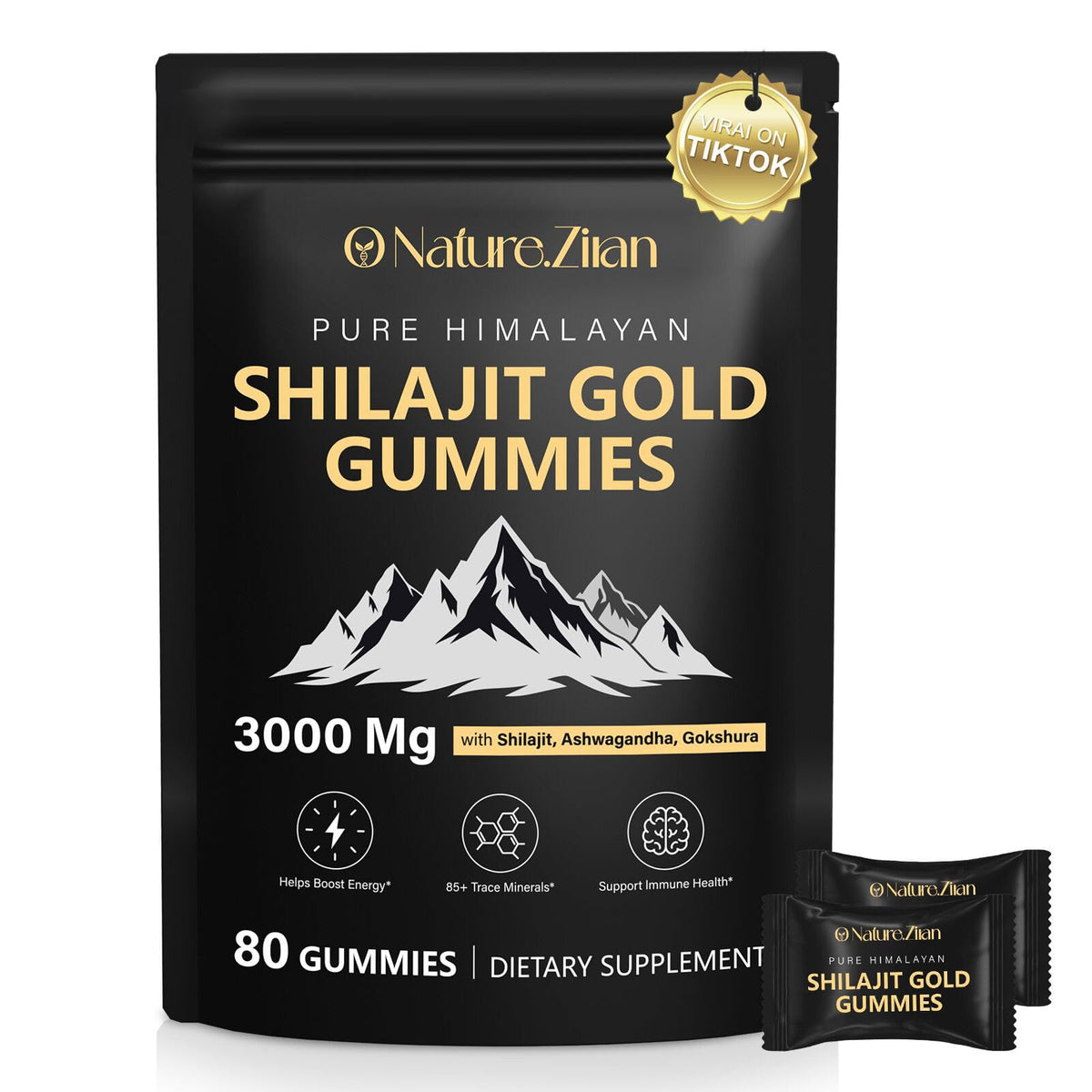 O NATURE ZIRAN gomitas shilajit, empaque frontal para rápida identificación del producto.