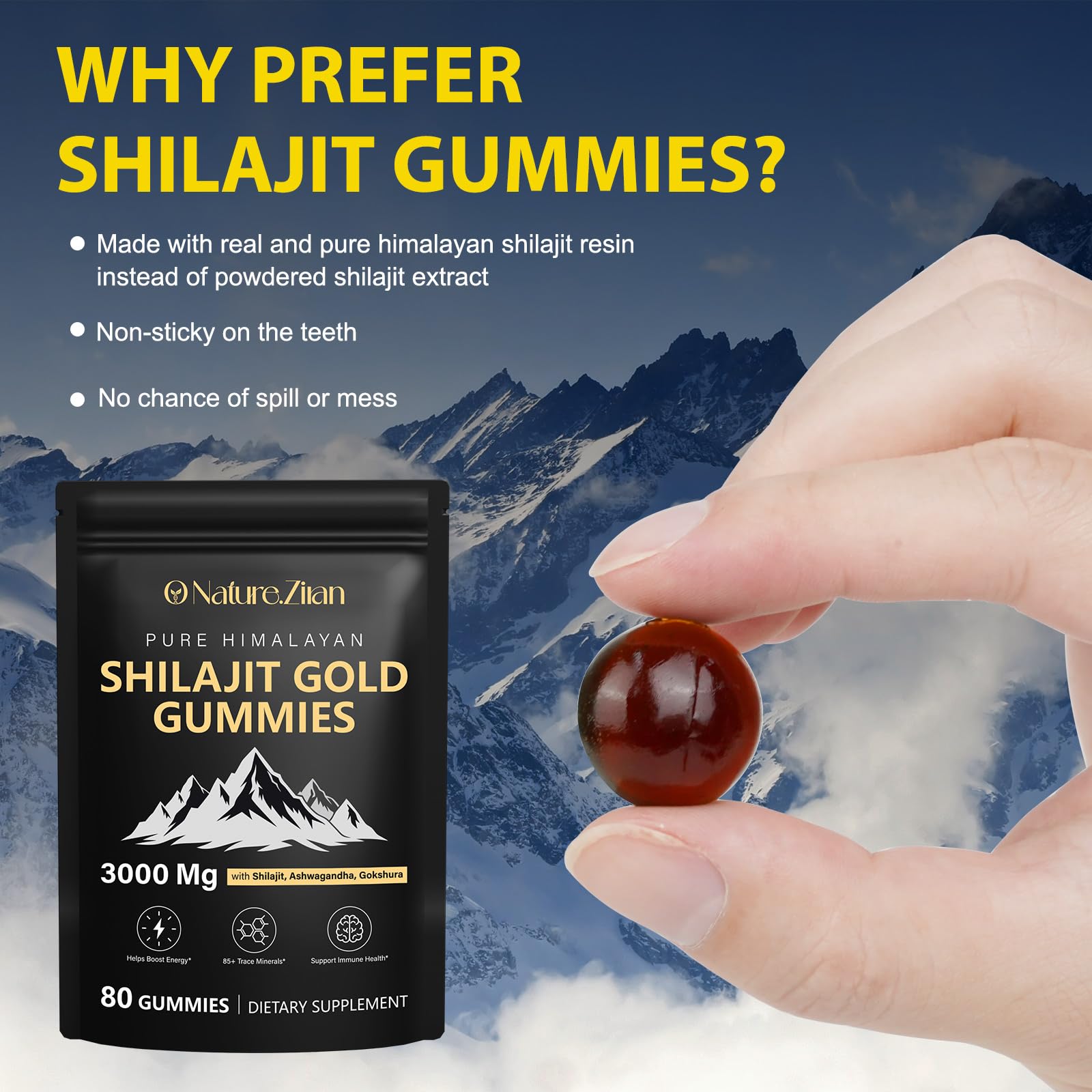 Sabor auténtico de shilajit en gomitas de O NATURE ZIRAN, sin azúcares añadidos.