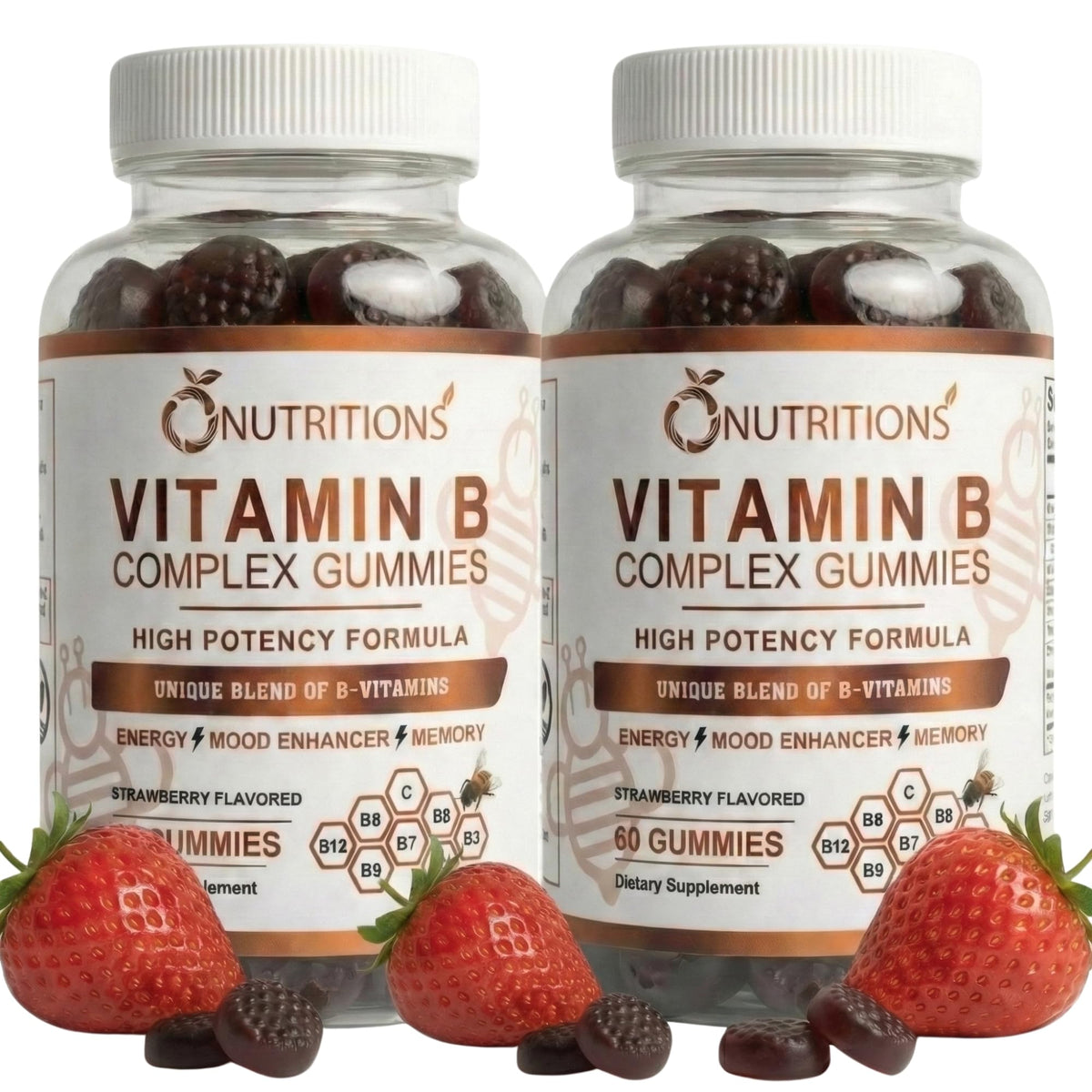 O NUTRITIONS Gominola de Complejo de Vitaminas B sabor fresa para energía diaria
