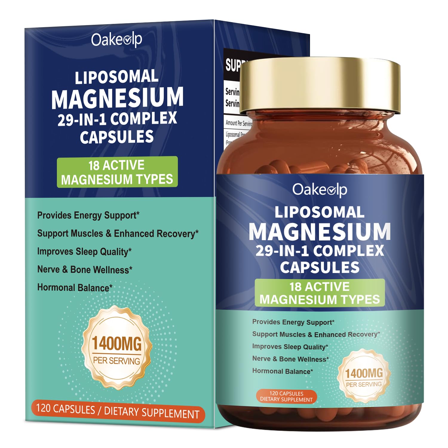Oakevlp Magnesio Liposomal, botella frontal, apoyo suave para relajación nocturna.