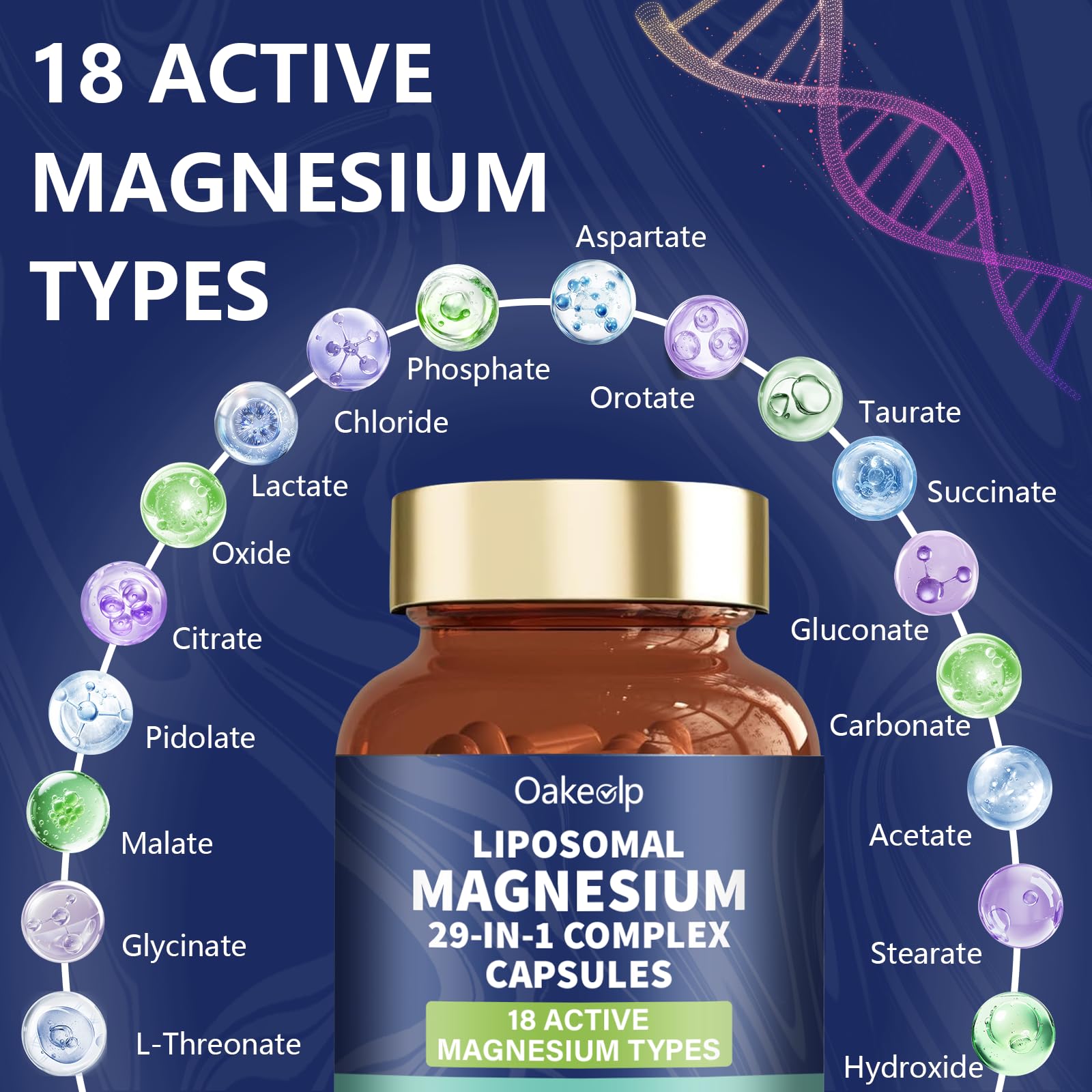 Oakevlp Magnesio Liposomal, etiqueta detallada para confirmar concentraciones y uso informado.