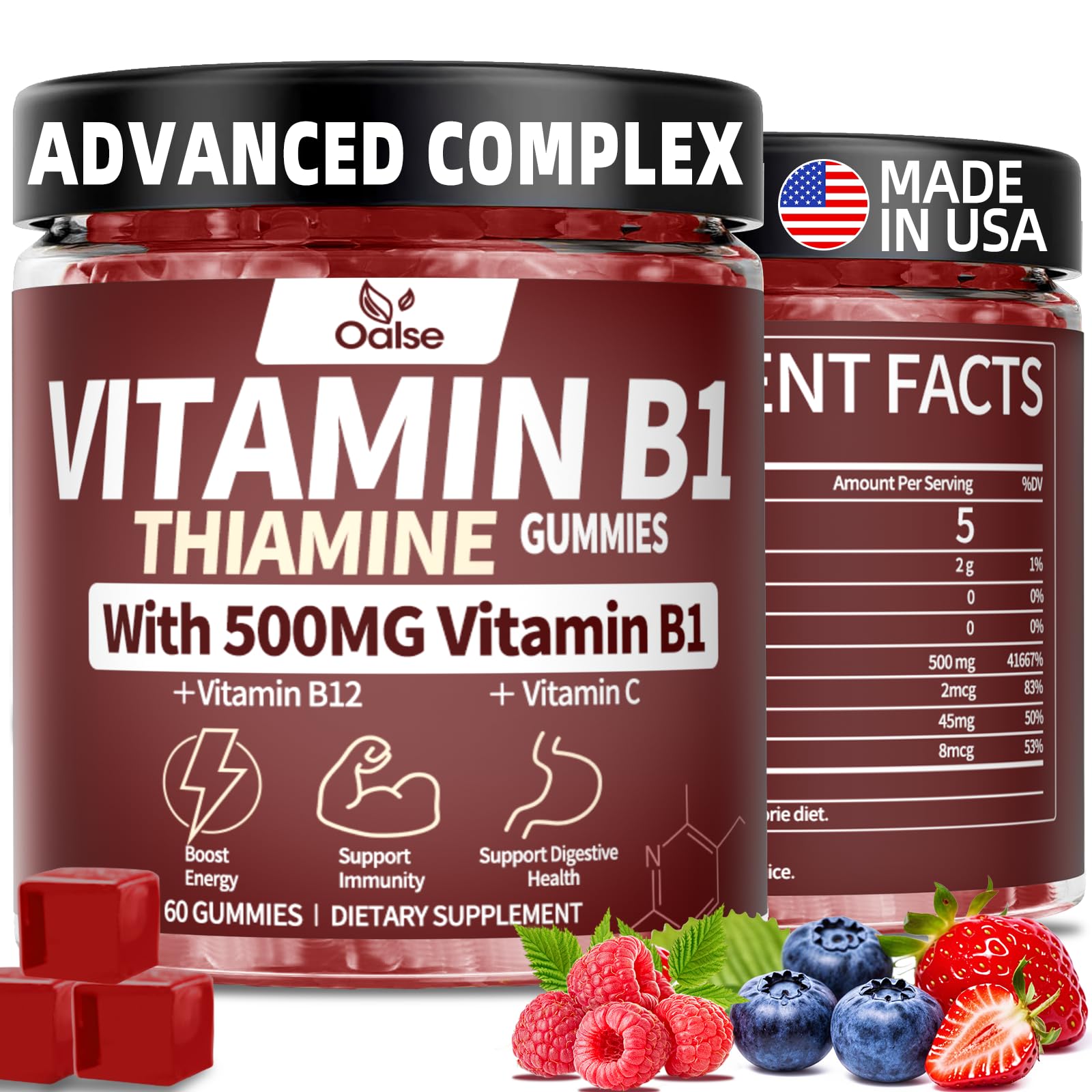 Gominolas OALSE Tiamina B1 frutos rojos, 60 unidades, energía diaria