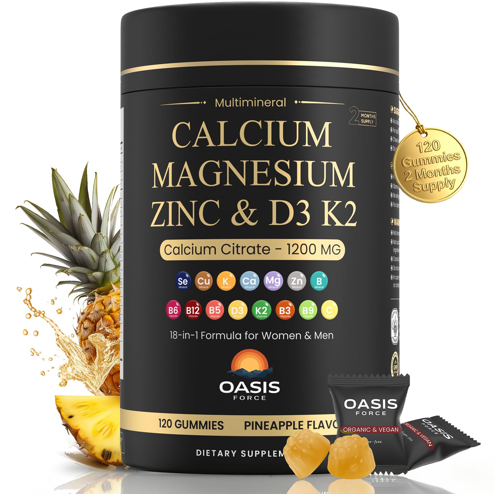OASIS FORCE Calcium 1200 mg gomitas, envase principal, ayuda a mantener huesos fuertes