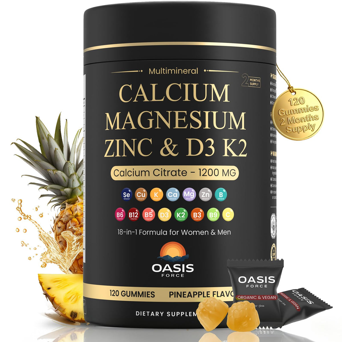 OASIS FORCE Calcium 1200 mg gomitas, envase principal, ayuda a mantener huesos fuertes