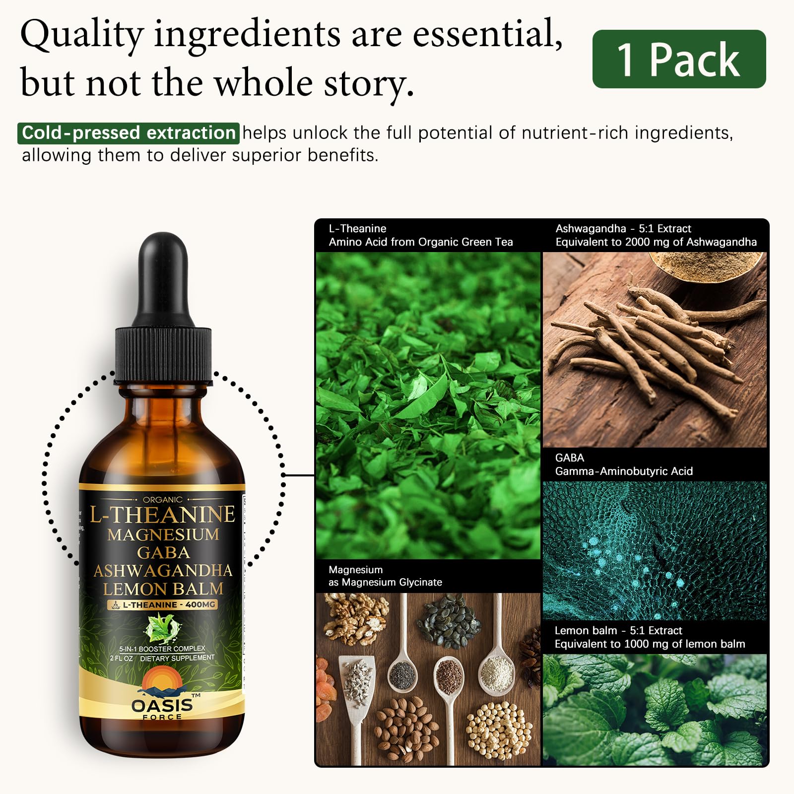 Oasis Force L-Teanina 400 mg, gota medidora facilita dosis diaria.