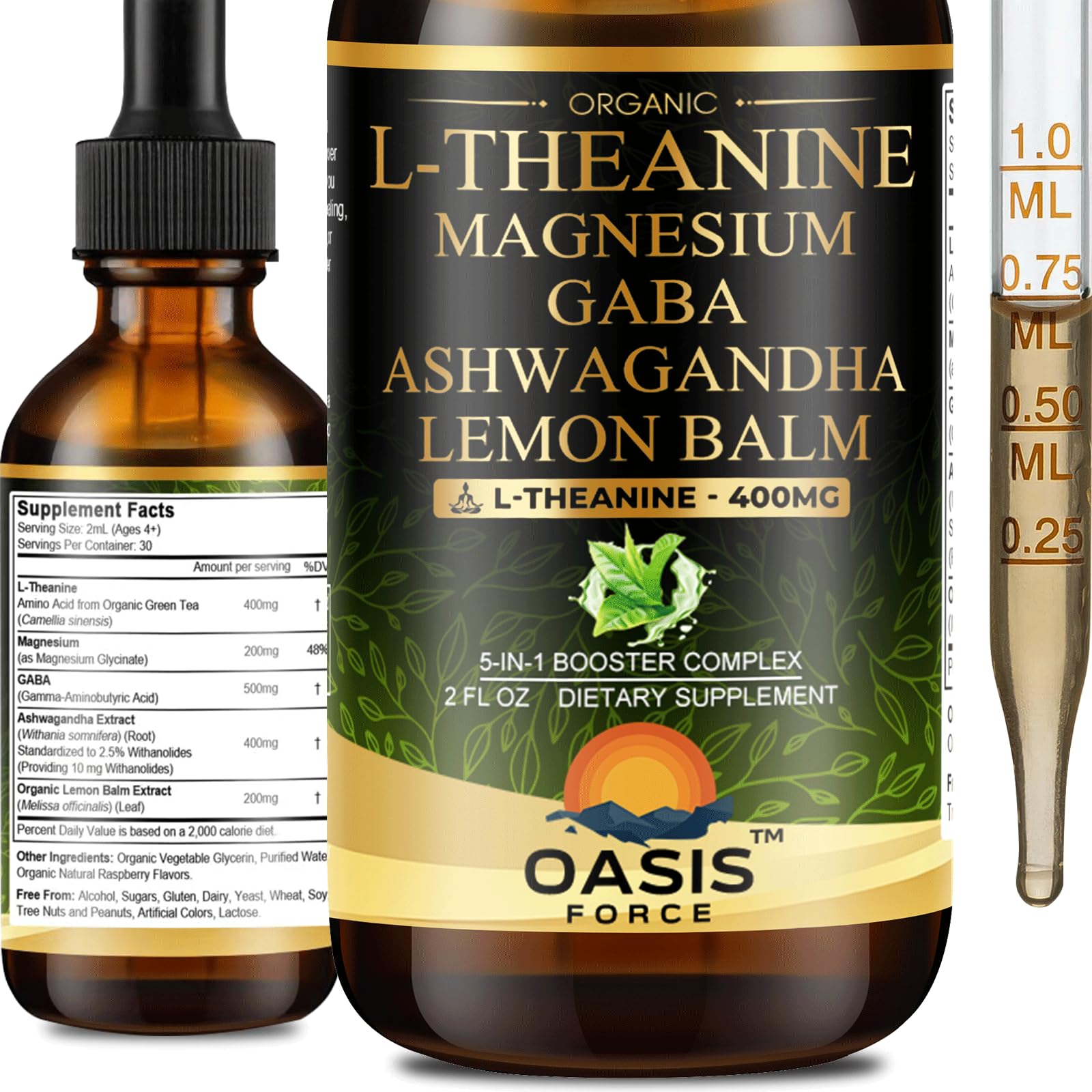 Oasis Force L-Teanina 400 mg, gotas en botella para relajación suave y enfoque.