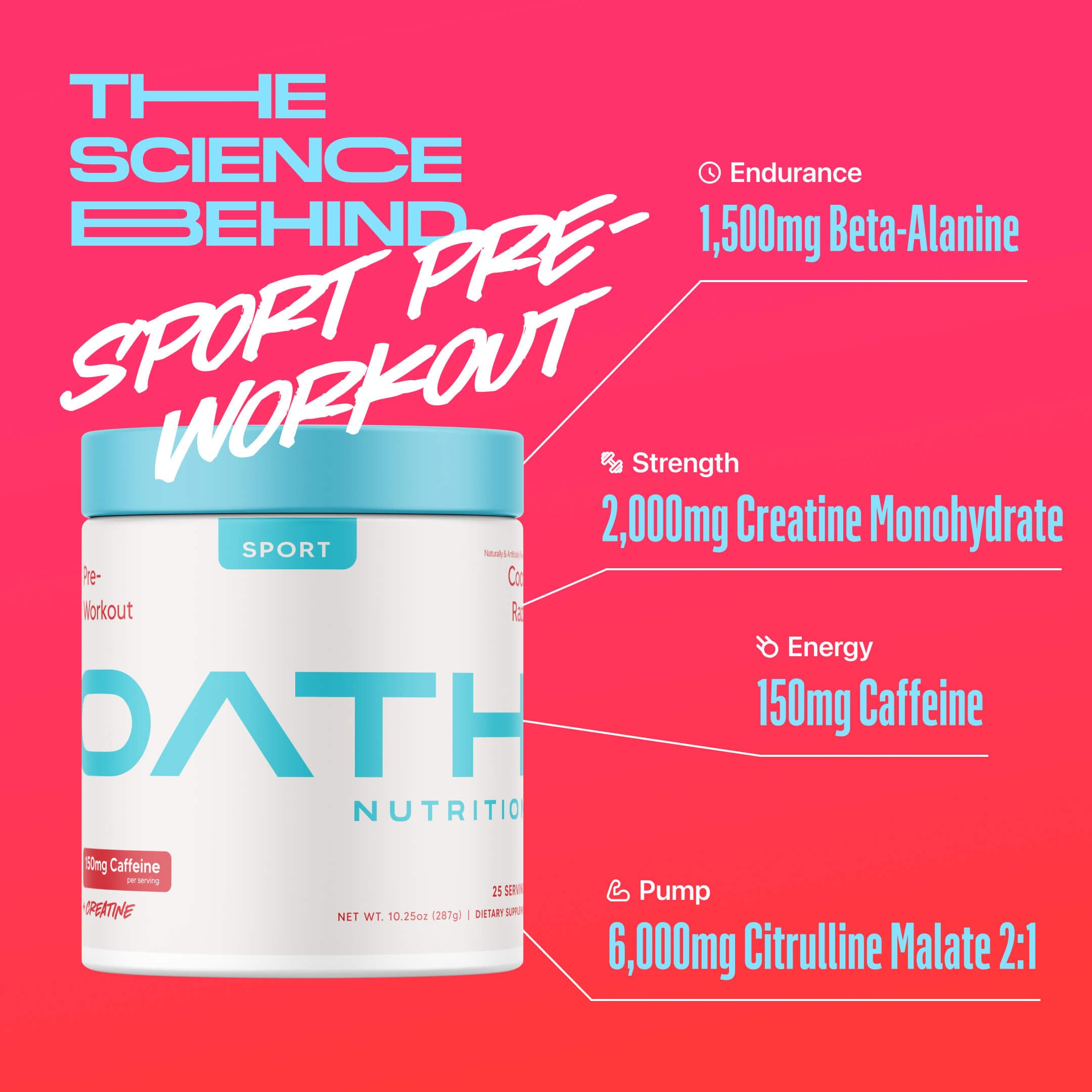 Oath Nutrition Sport Pre-Workout Coco Razz: creatina monohidratada para impulso de fuerza durante el entrenamiento.