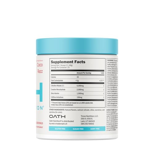 Oath Nutrition Sport Pre-Workout Coco Razz: vaso con polvo mezclándose para rendimiento continuo.