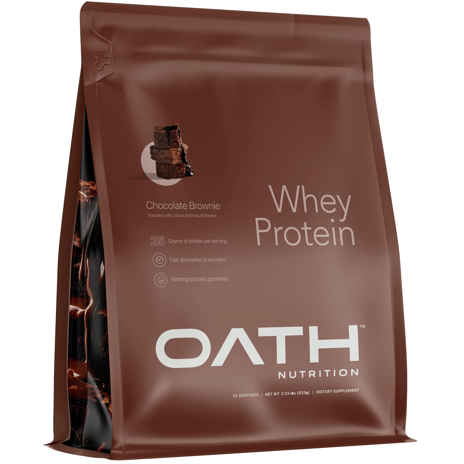 Envase práctico de Oath Nutrition, proteína de suero Chocolate Brownie, 25 porciones.