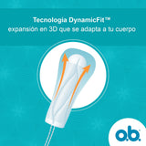 O.B. ProComfort tampón, tecnología StayDry para mantener la hebra seca.