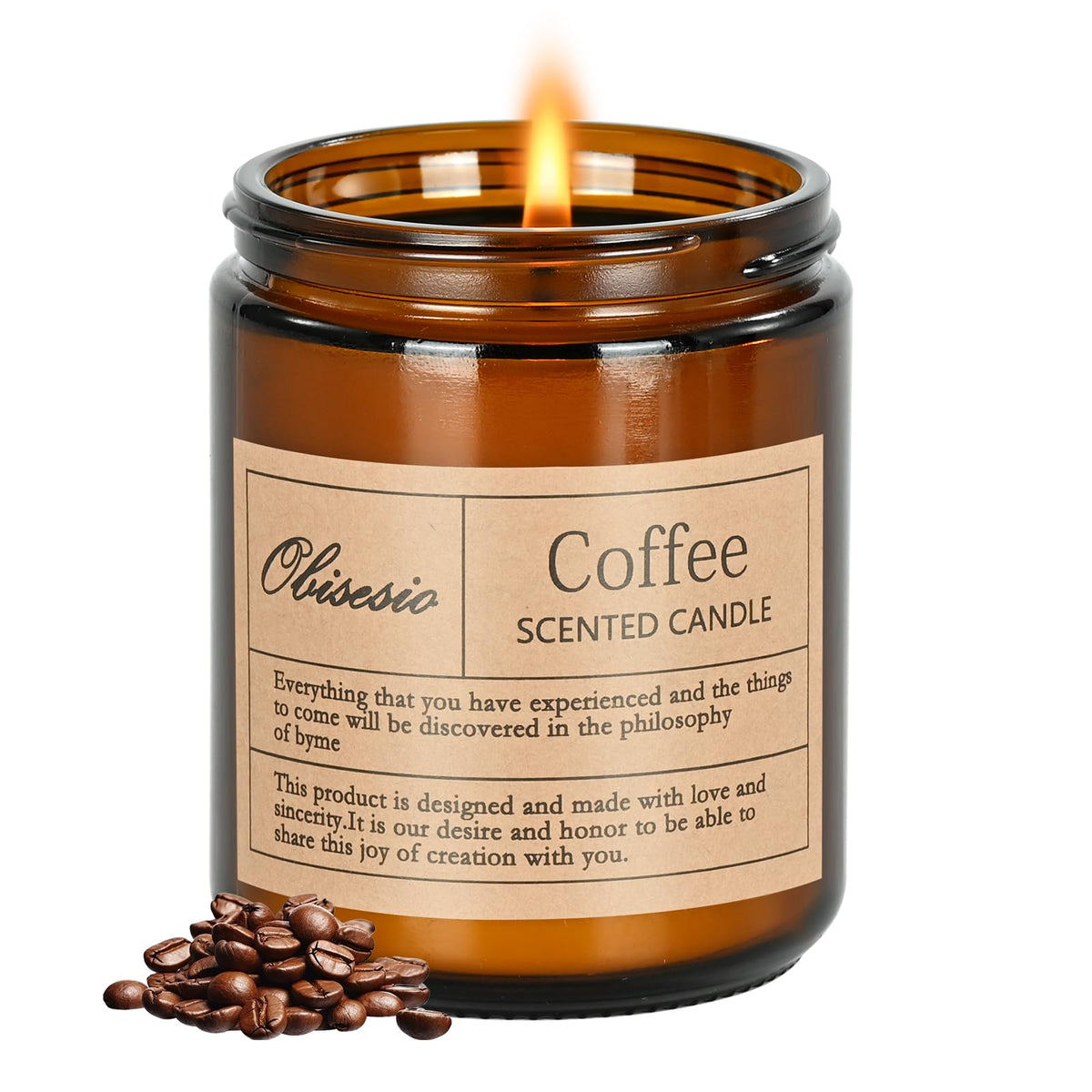 Vela Obisesio con aroma a café en frasco ámbar para sala cálida.