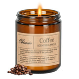 Vela Obisesio con aroma a café en frasco ámbar para sala cálida.
