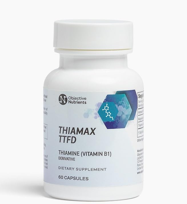 Objective Nutrients Thiamax botella vertido, apoya el metabolismo energético.