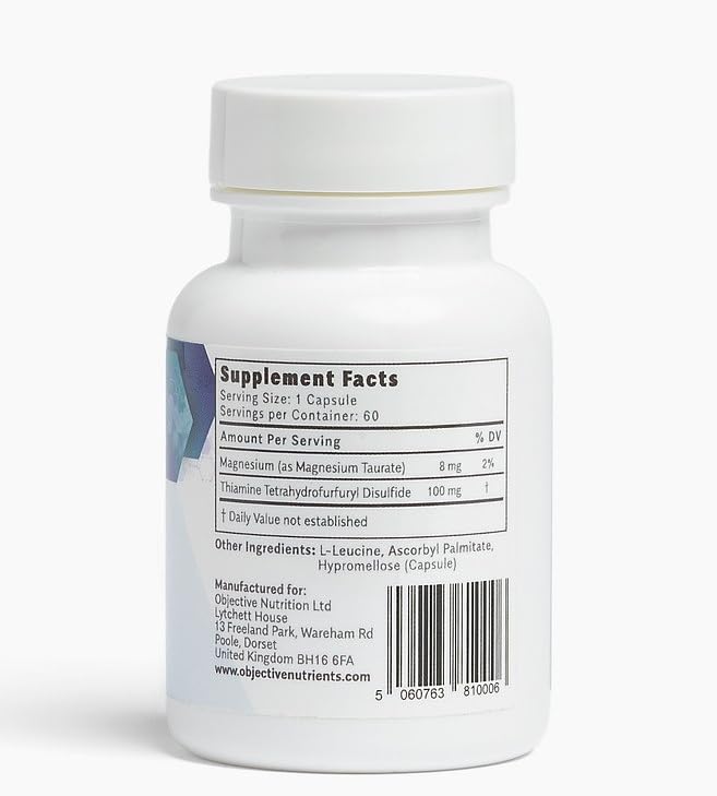 Objective Nutrients Thiamax cápsulas detalle, mejora absorción de tiamina en el cuerpo.