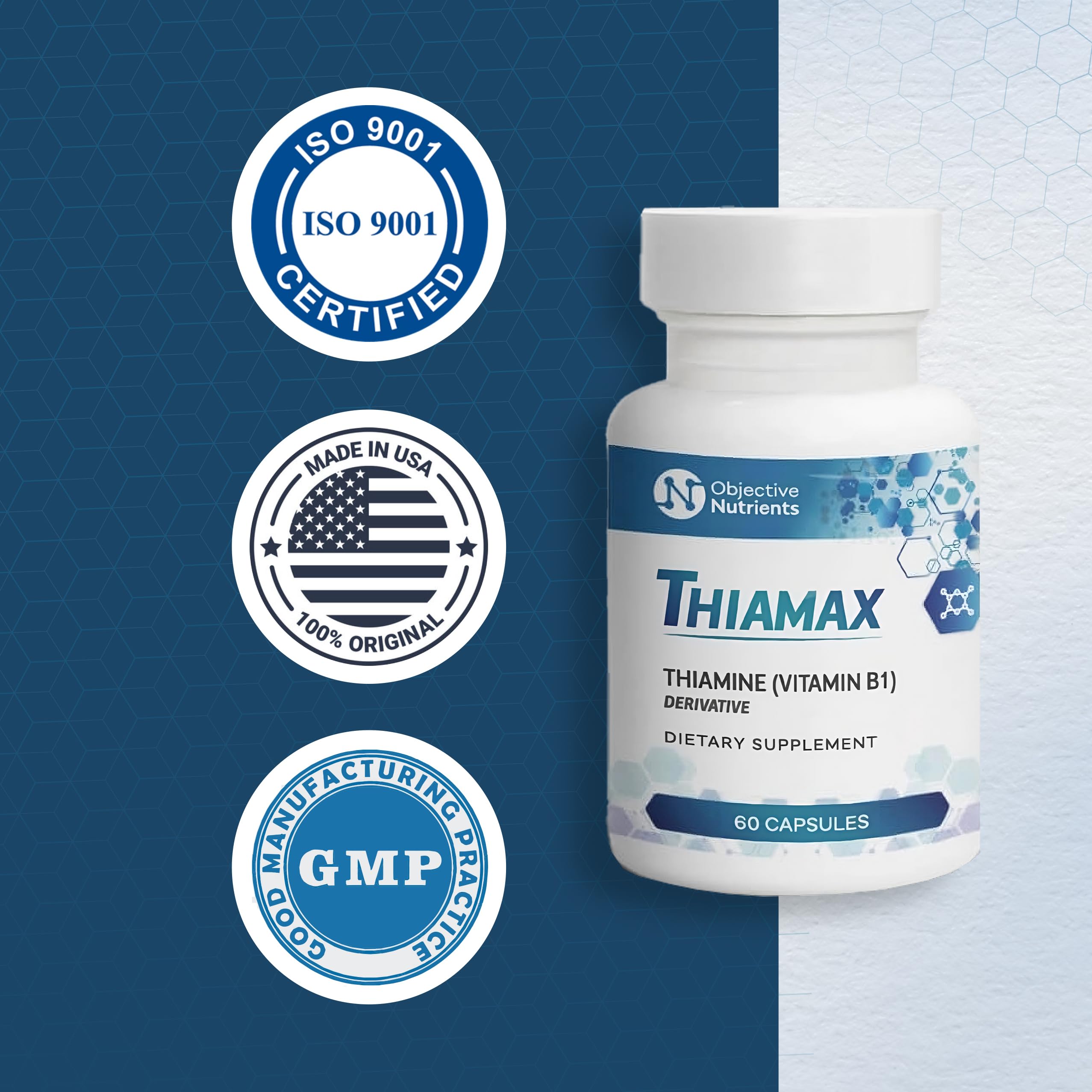 Objective Nutrients Thiamax empaque caja, producto hecho en Estados Unidos y de calidad.