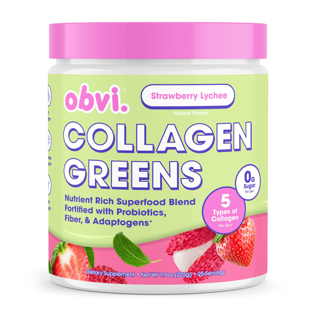 Obvi Collagen Greens en botella, ideal para la rutina diaria de bienestar general.