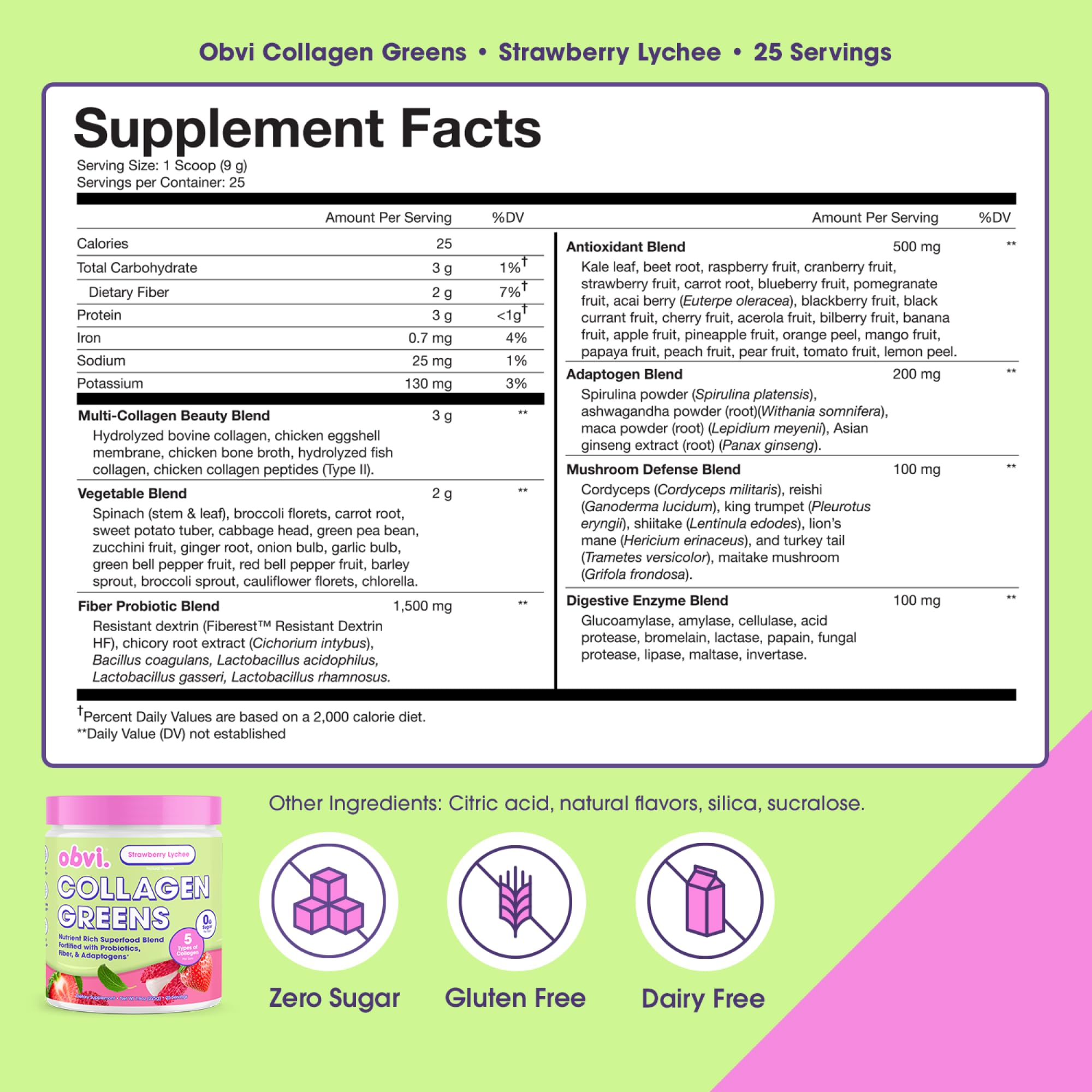 Cuchara medidora de Obvi Collagen Greens para porciones rápidas en batidos.