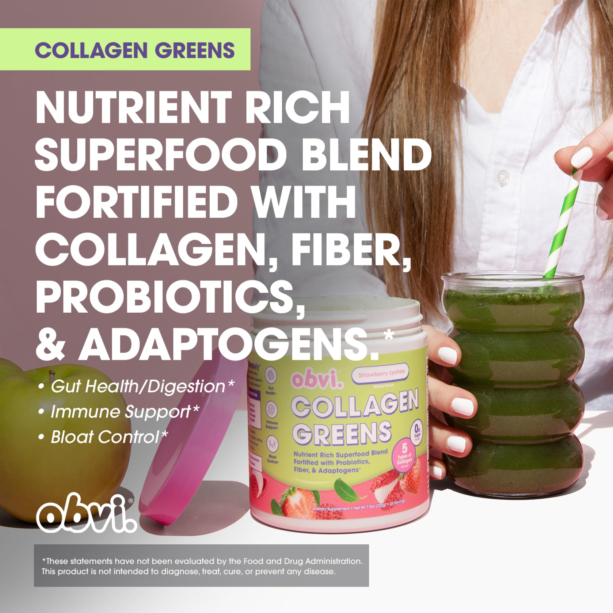 Etiqueta de Obvi Collagen Greens cercana, refleja ingredientes orgánicos para una opción limpia.
