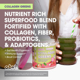 Etiqueta de Obvi Collagen Greens cercana, refleja ingredientes orgánicos para una opción limpia.
