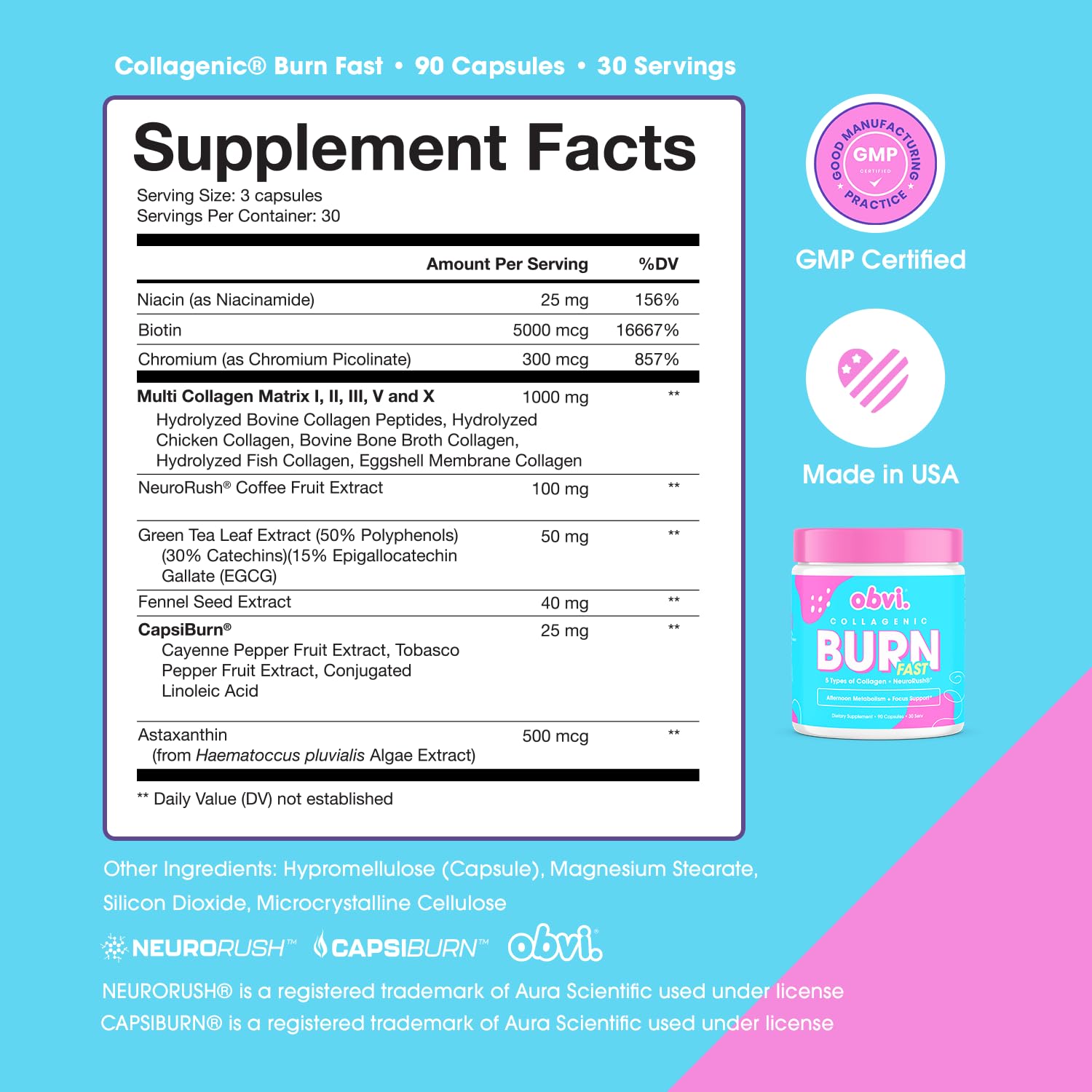 Obvi Multicollagen Burn Fast ingredientes clave: sin gluten y apto para dietas cetogénicas.