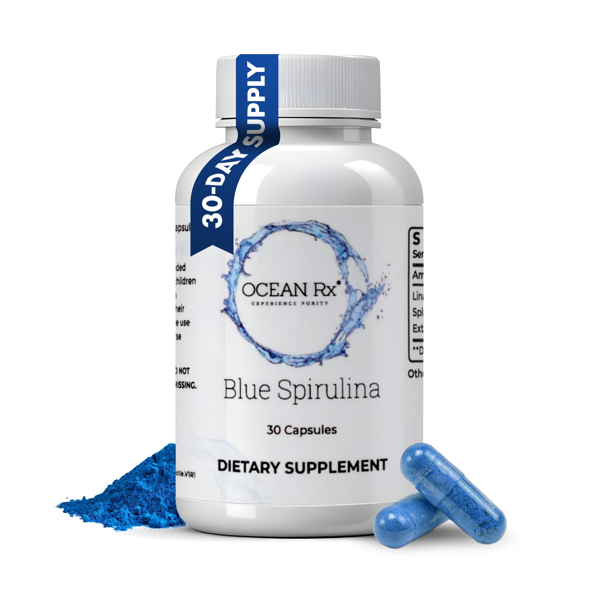 Ocean Rx Spirulina Azul en cápsulas dentro del bote para uso diario
