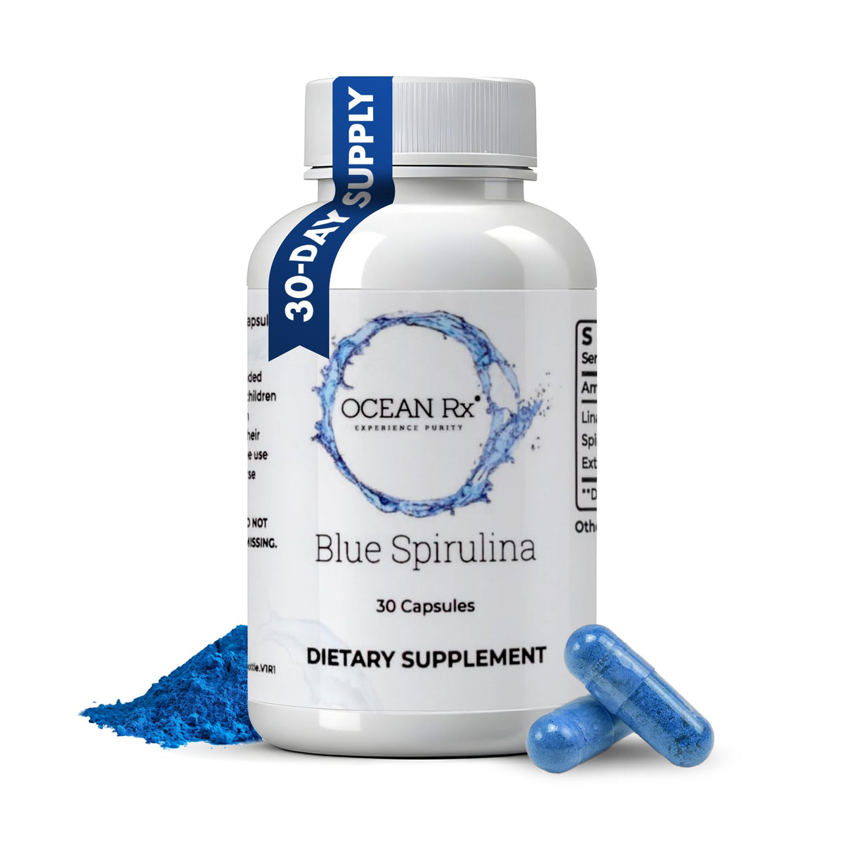 Ocean Rx Spirulina Azul en cápsulas dentro del bote para uso diario