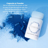 Etiqueta frontal de Ocean Rx Spirulina Azul destaca pureza y origen orgánico