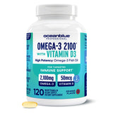 Oceanblue Omega-3 2100: botella con etiqueta naranja para sabor agradable y conveniencia diaria.