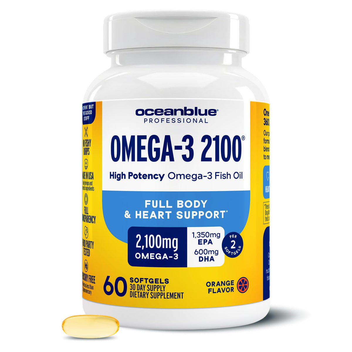 Oceanblue Omega-3 2100mg botella, uso diario para bienestar general.