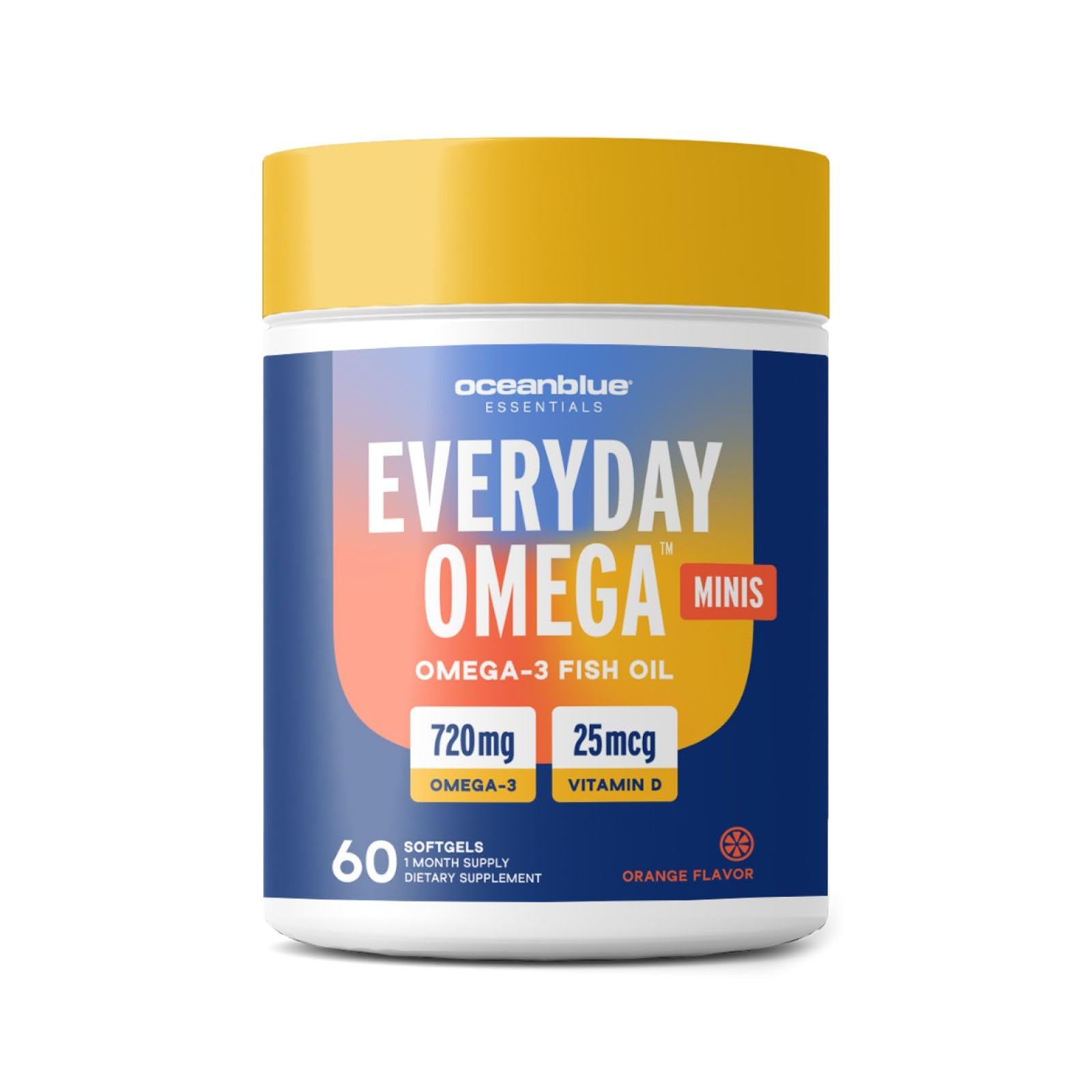 Oceanblue Omega-3 Minis, botella frontal, cápsulas fáciles de tragar para mujeres saludables.