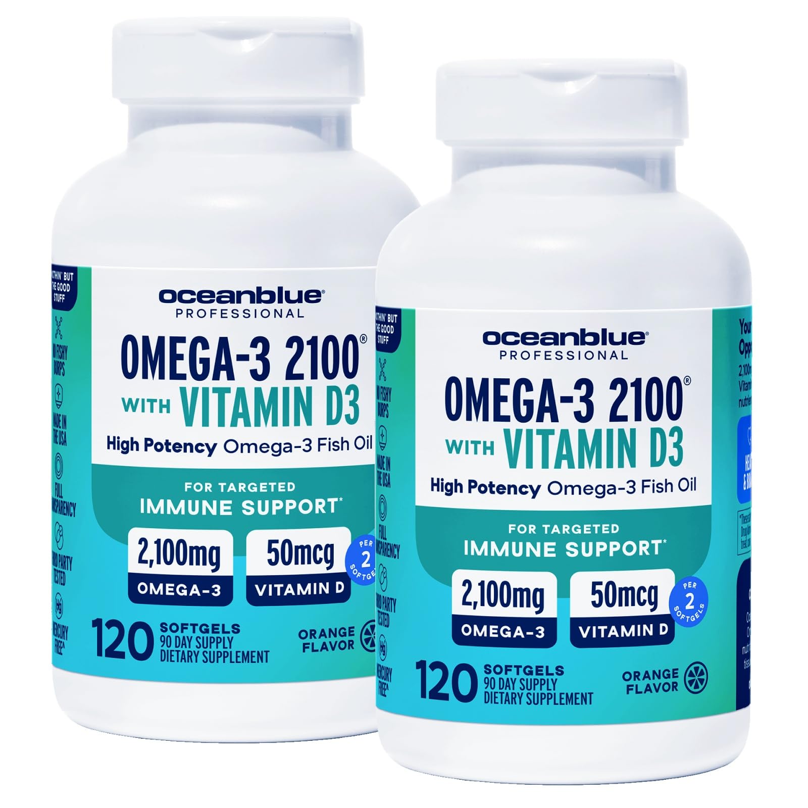 Oceanblue Omega-3 2100 frasco con cápsulas sabor naranja para toma diaria agradable
