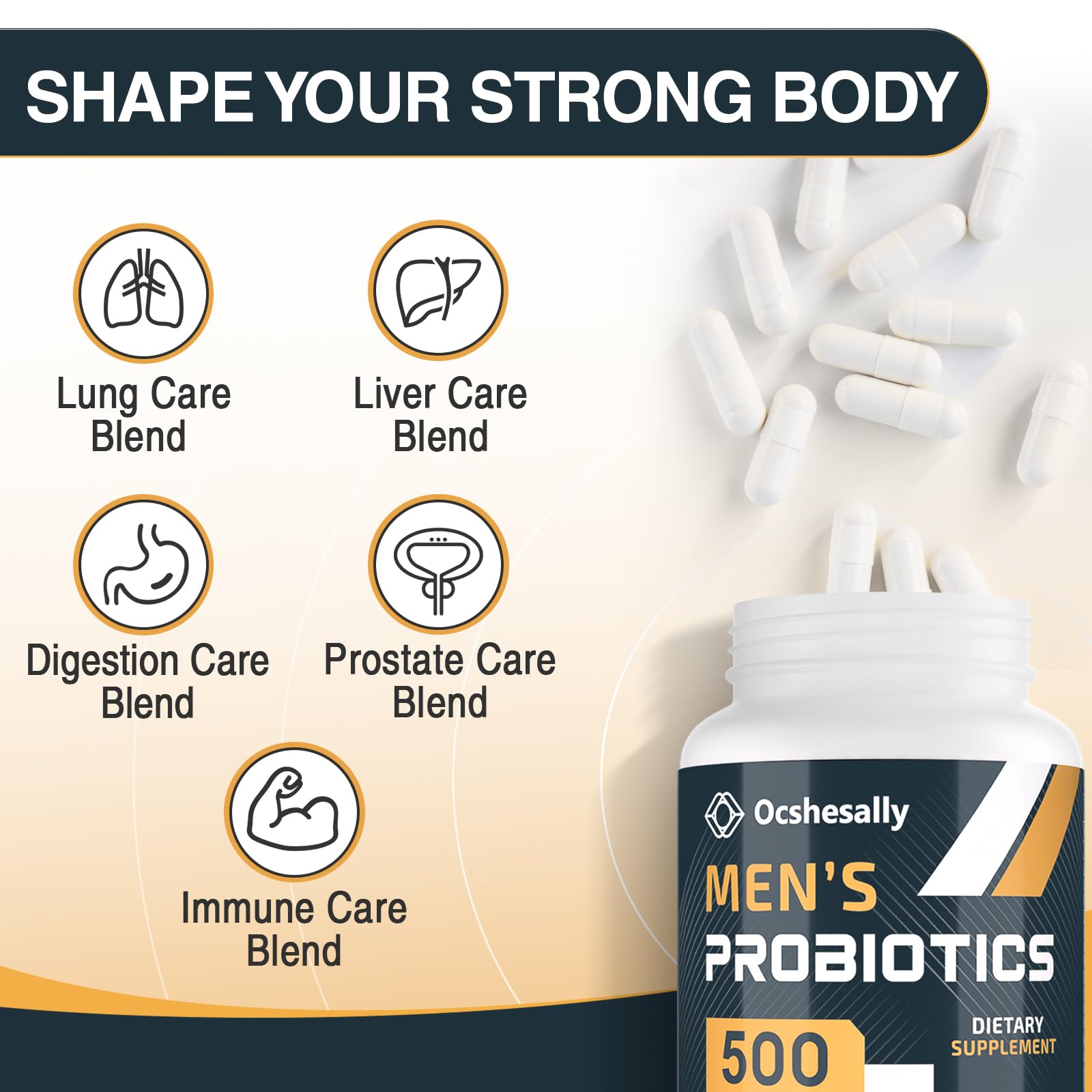 Ocshesally probióticos para hombres, cápsulas vistas de cerca para apoyo digestivo