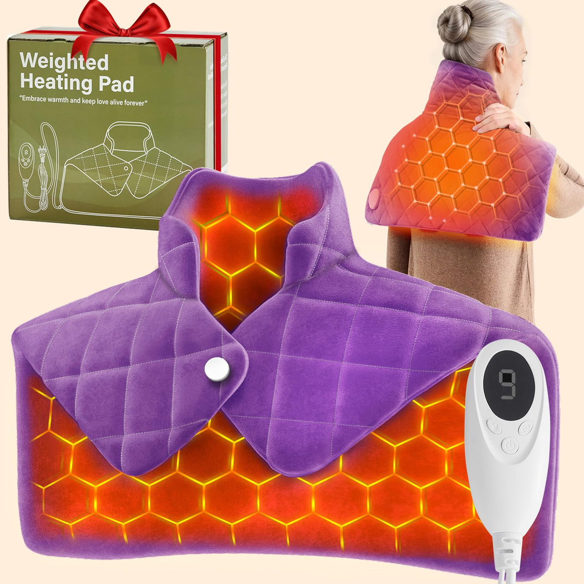 almohadilla OCTROT pesada calefactable morada para cuello y hombros, calor suave y distribución uniforme.