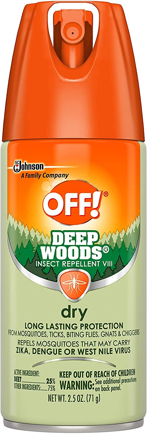OFF! Deep Woods Dry Aerosol, spray en mano para protección contra mosquitos.