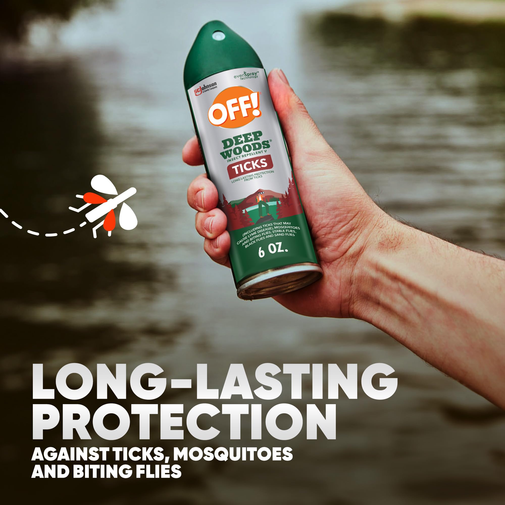 OFF! Deep Woods repelente en aerosol, etiqueta visible para exteriores.