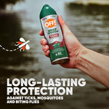 OFF! Deep Woods repelente en aerosol, etiqueta visible para exteriores.