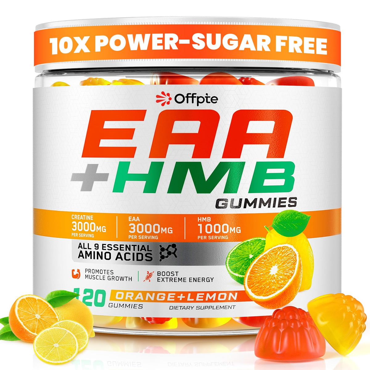 OFFPTE EAA Gummies frasco con sabor naranja-limón listo para tomar